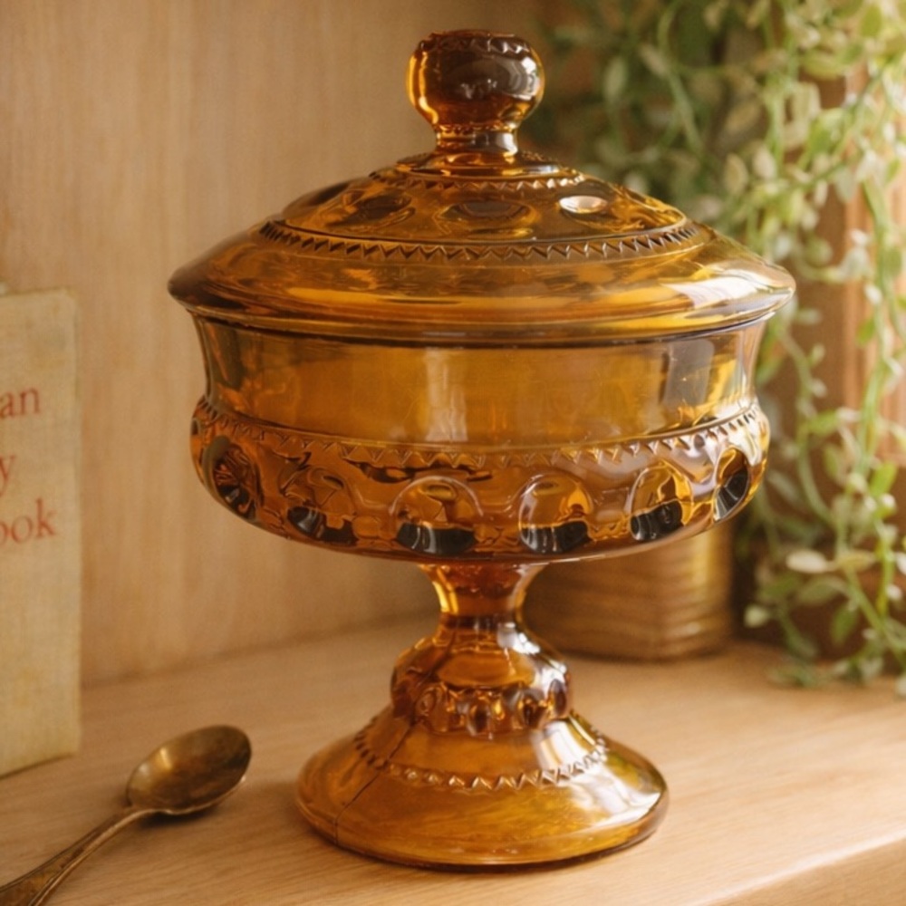 Indiana Glass King’s Crown Golden Amber Compote Thumbprint Pedestal Dish Vintage - Picture 10 of 11